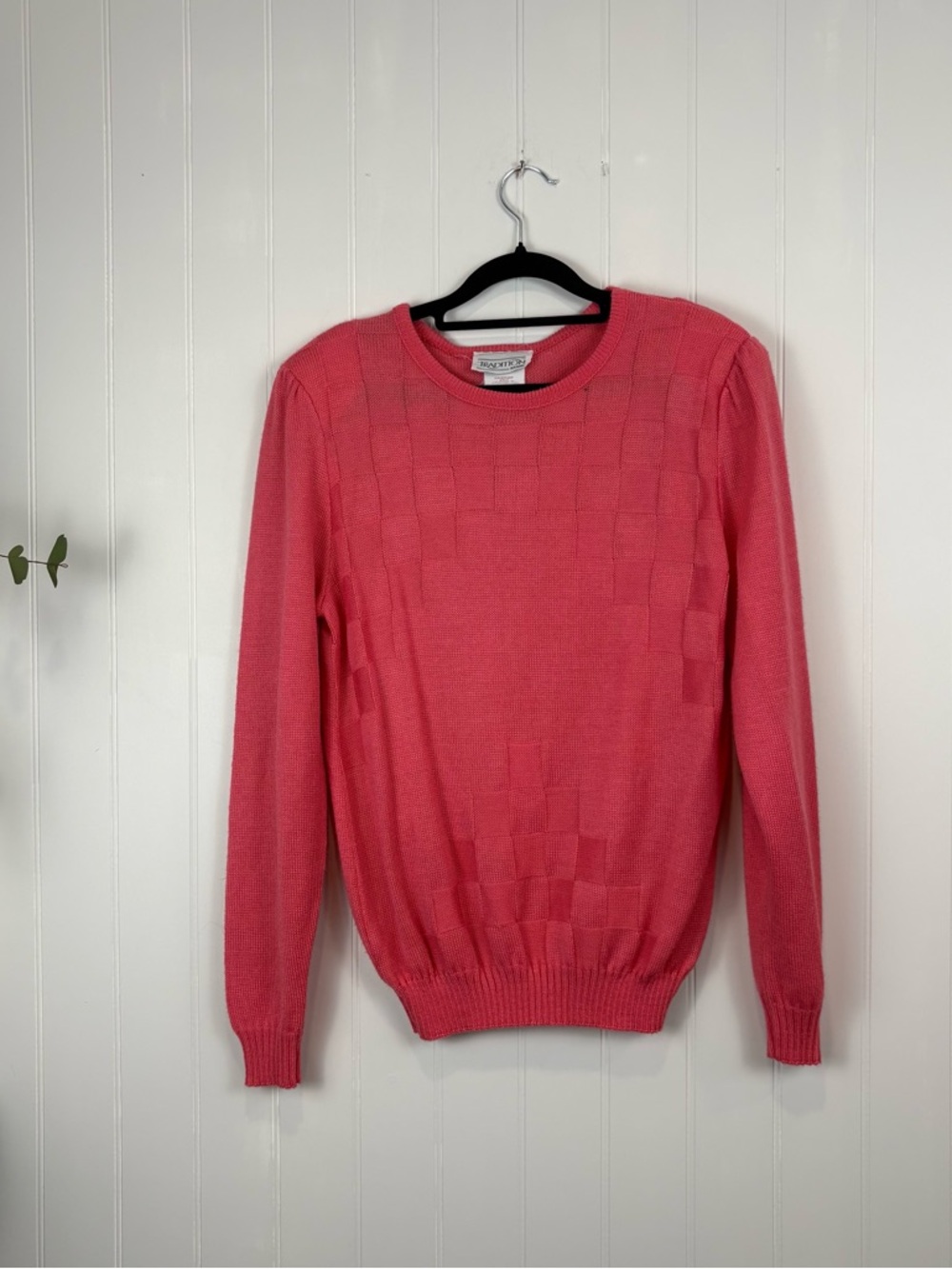 Vintage Tradition Sears Pink Checkerboard Knit Puff‎ Shoulder Sweater  80sMedium